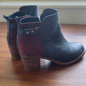 Low-heel ankle boots, leather and suede
